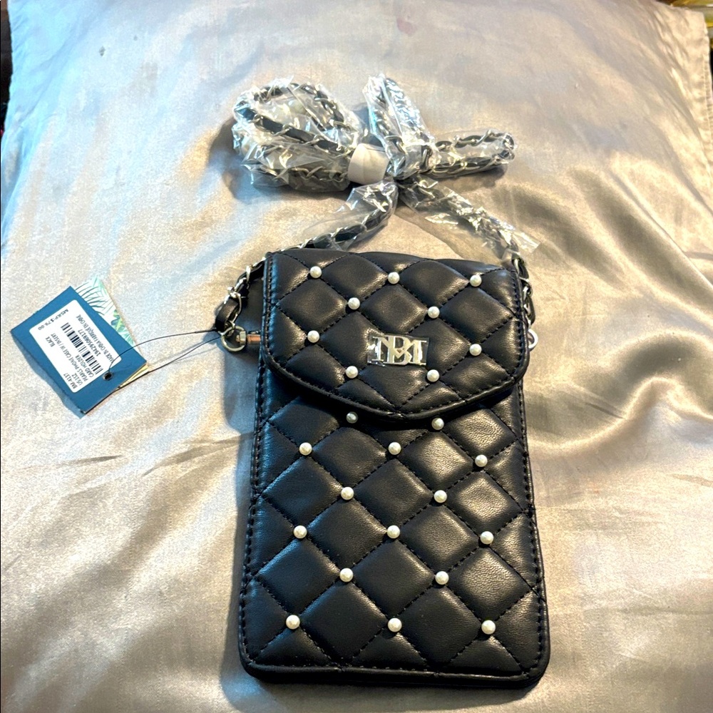 Badgley Mischka Black & Silver Vegan Leather Crossbody Phone Bag